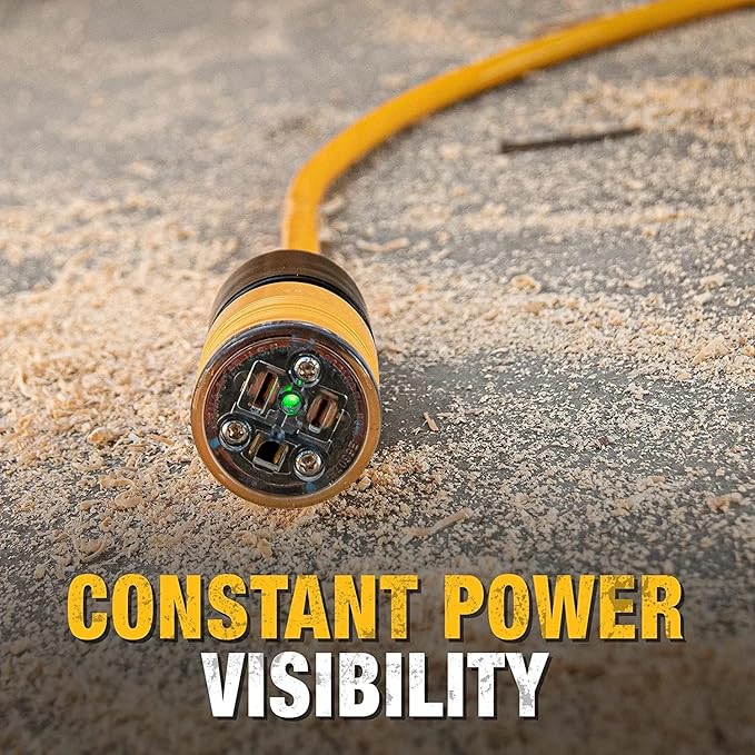 DEWALT 25 Foot Extension Cord Lighted Click-to-Lock 10/3 SJTW - Heavy Duty Outdoor, Waterproof, Weatherproof, Heat & Corrosion Resistant Industrial Strength Light Up Three Prong Outlet Plug Power Cord