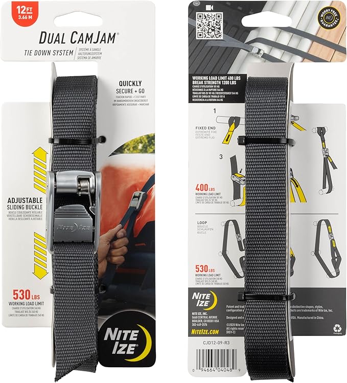 Nite Ize Dual CamJam Tie Down System - Ratchet Straps - Straps for Trucks & Cars - Luggage Strap for Camp Gear - Tie Down Moving Supplies - 12 ft, Black