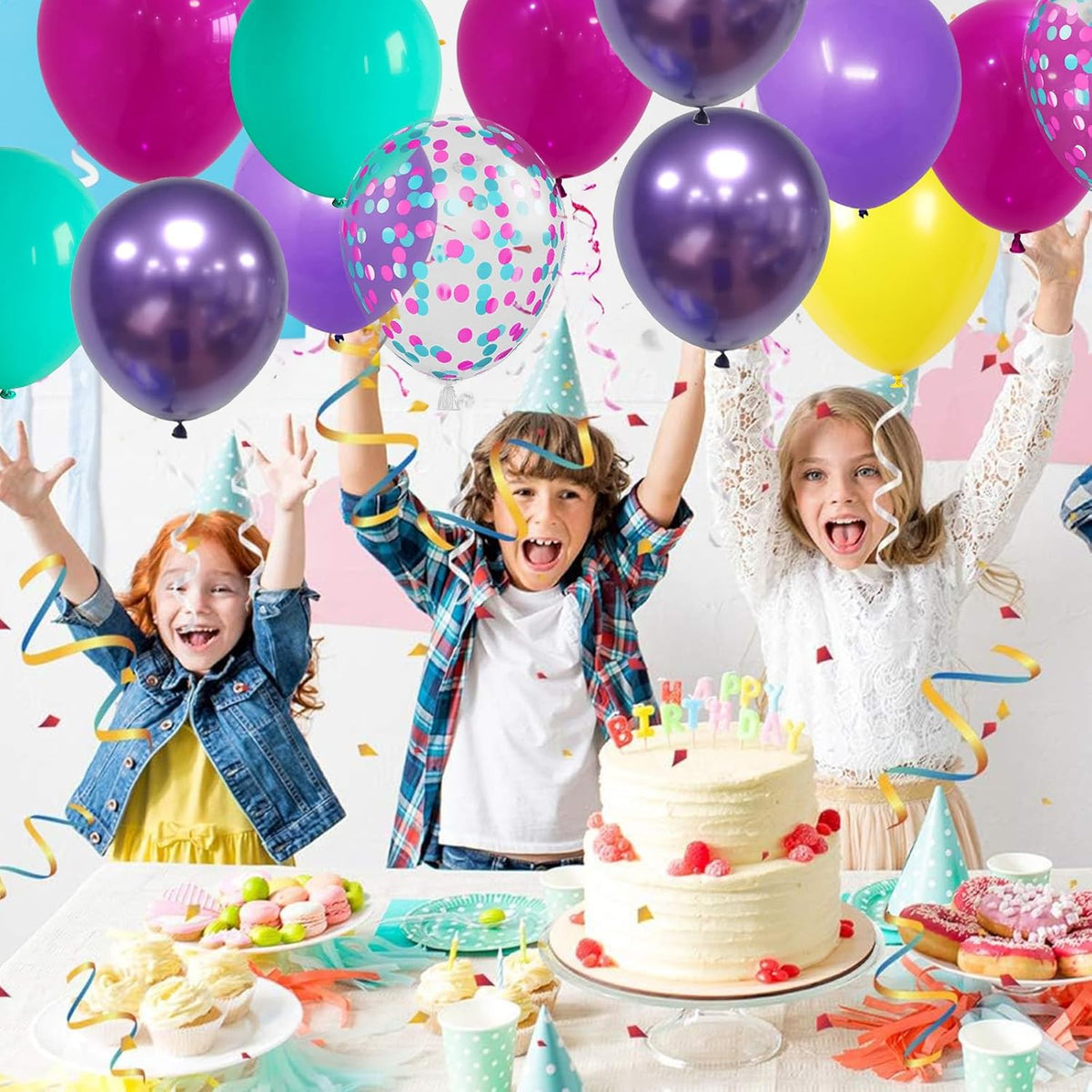 Skiennix 12-Inch Metallic Balloons - 60 Pcs in Hot Pink, Purple, Teal & Yellow for Kids' Parties | Birthday & Baby Shower Decor