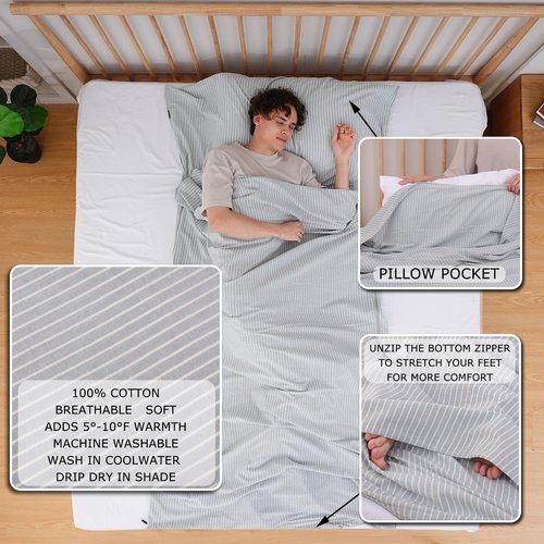 Exermil 100% Cotton Sleeping Bag Liner with Full Length Zipper on 3 Sides; Single/Double Adult Sleep Sack for Travel & Camping, Multifunctional Travel Sheets (Unzipped 87”x87”) for Hotel, Lightweight