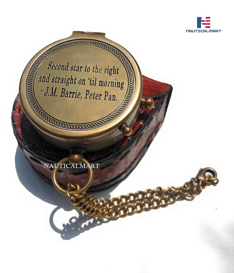 Second Star to The Right J. M. Barrie, Peter Pan Engraved Brass Compass Directional Compass Magnetic Pocket Personalized Gift for Camping, Hiking and Touring