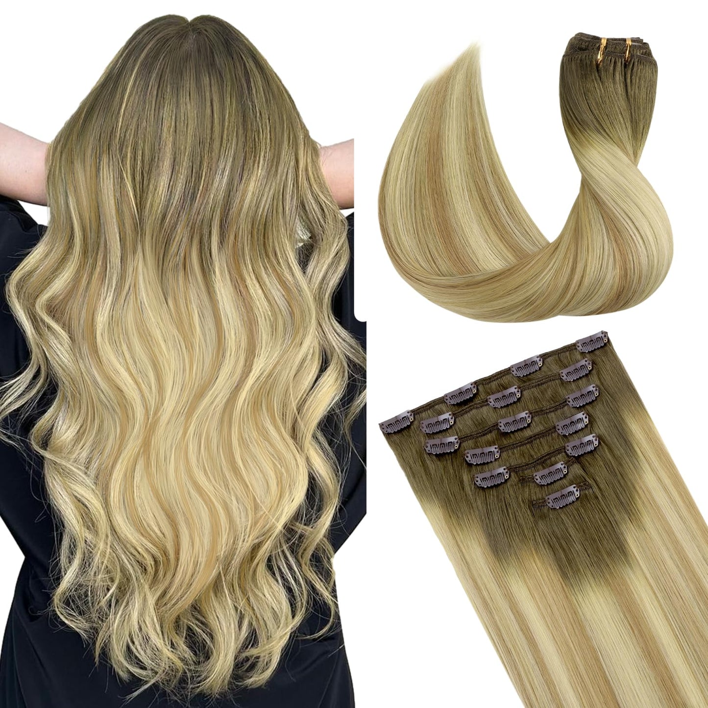 Doores Clip In Hair Extensions Real Human Hair, Light Ash Brown To Light Blonde Highlighted Golden Blonde 16 Inch 7Pcs 120G, Rem