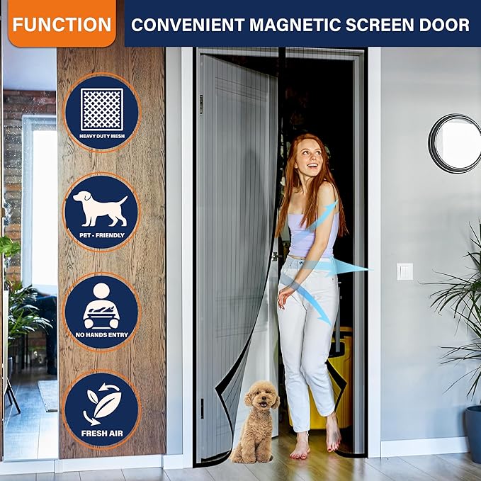 Magnetic Screen Door, Heavy Duty Door Screen Magnetic Closure Keep Bugs Out,Pet & Kid Friendly,Hands Free Door Screen Fit Door Size 60 x 80 Inches