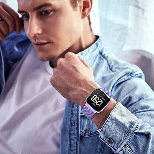 Meikeio Bands Compatible with Fitbit Versa 2/1/Lite, Stainless Steel Metal Mesh Band, Wristbands Replacement Strap Sport Loop(Lavender,S)