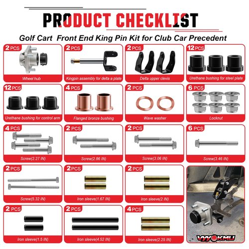 Club Car Precedent Deluxe Repair Kit, 2004-UP Golf Cart Front End Kit for Precedent, Club Car Repair Kit Front Wheel Hub King Pin Bearing Bushings Sets, Replace OEM# 102287201 103638601 103638801