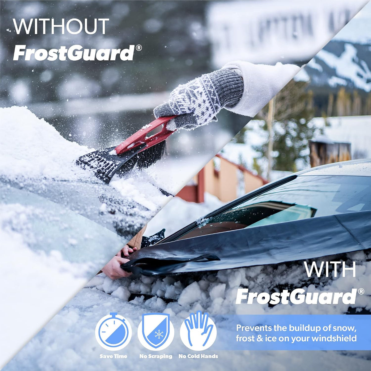 Frostguard Glove | Car Windshield Cover for Ice and Snow - Standard Size, Fits Sedans and Compact Cars - Features Elastic Loops, Security Panels + Storage Pouch - Black, Measures 59 x 41 Inches