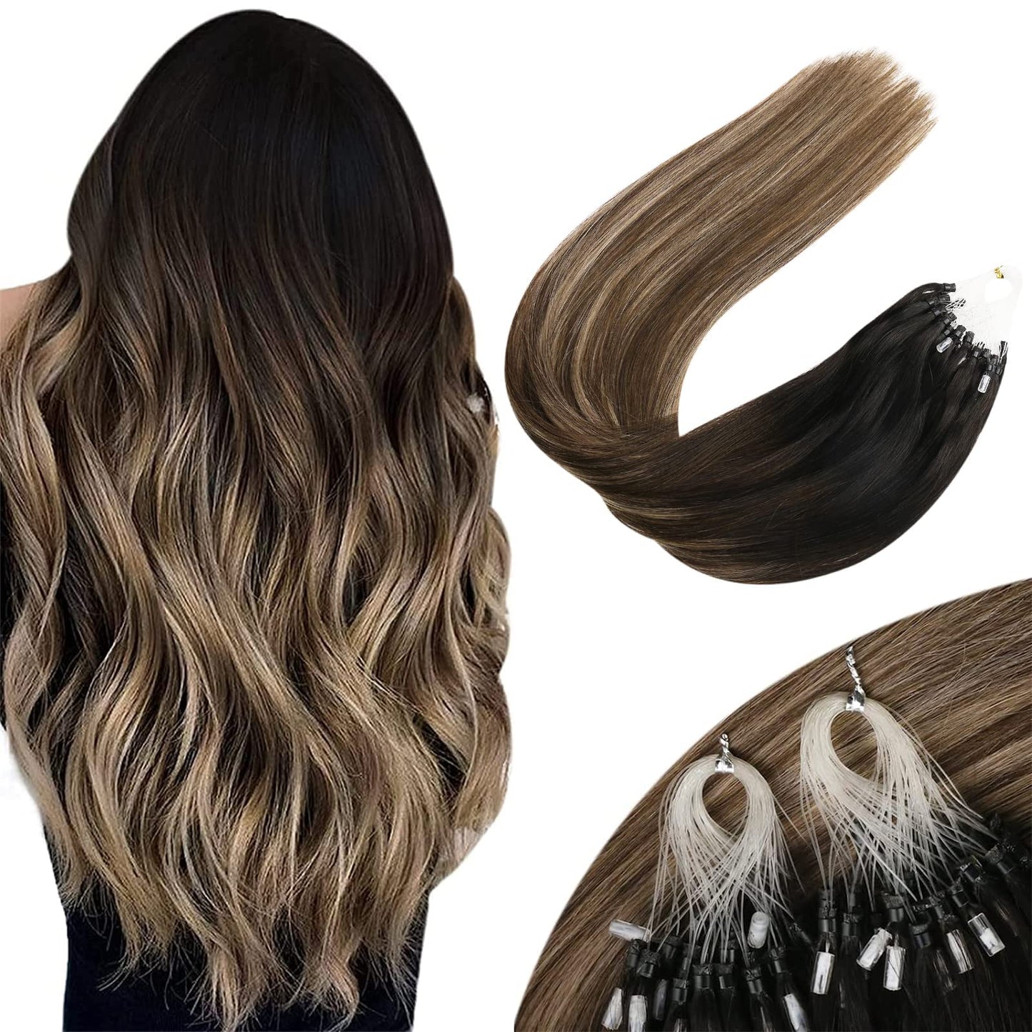 Sunny Hair Micro Beads Hair Extensions Black 50G Short Micro Ring Hair Extensions Human Hair Black Balayage Dark Brown Ombre Med
