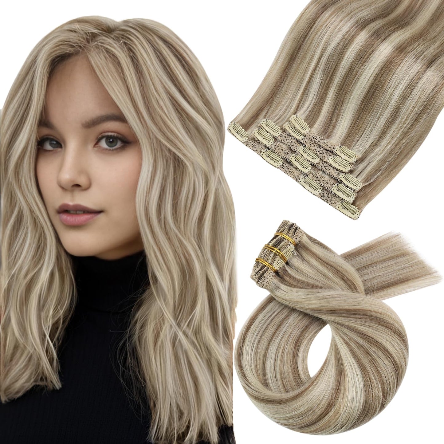 Moresoo Blonde Hair Extensions Clip In Human Hair Remy Clip In Hair Extensions Light Brown Highlight With Blonde Double Weft Cli