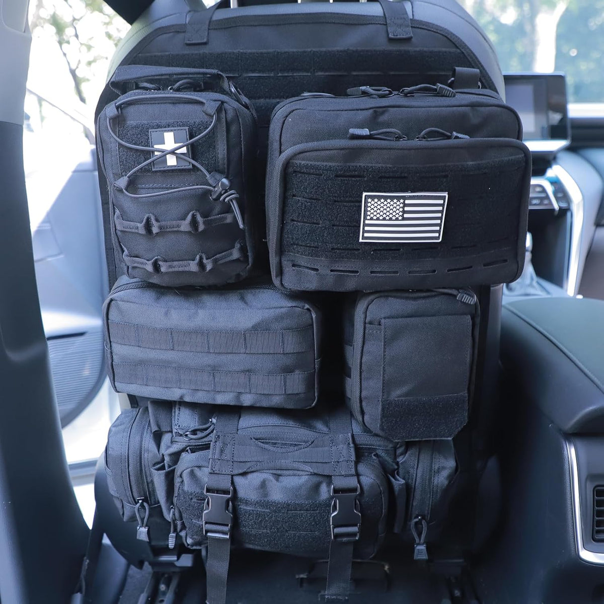 Universal Tactical Car Seat Back Organizer Bag Tactical Molle Vehicle Organizers Panel Vehicle Protector Organizers with 5 Detachable Pouches for Car Truck Ford Jeep (Upgraded D model Black camo)