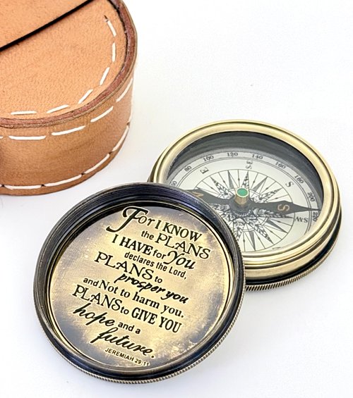 Jeremiah 29:11 Engraved Brass Compass with Leather Case – “for I Know the Plans I Have for You” Christian Graduation, Baptism & Confirmation Gift for Boys and Teen
