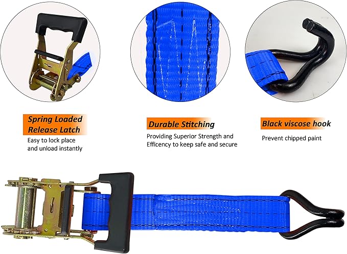 HFS(R) 4PC 1-1/2" x 15 ft Heavy Duty Ratchet Cargo Tie Down Straps 3000lbs Dual J-Hooks (Blue)