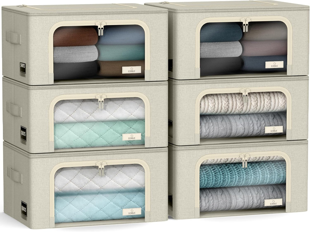 Sorbus Storage Bins with Metal Frame - Stackable & Foldable Clothes Organizer Bags - Oxford Fabric Storage Containers with Large Clear Window & Carry Handles, Bedroom Organization for Bedding & Linen