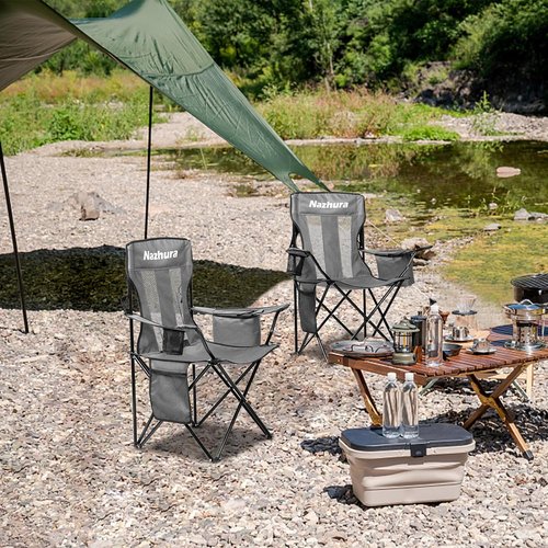 Nazhura Outdoor Camping Chairs - Portable Folding Design with Cooler Pouch & Cup Holder | Grey, 2 Pack