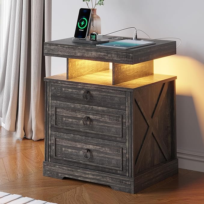 HNEBC Nightstand with Gun Drawers, LED Farmhouse Night Stand with Charging Station, Smart End Table with 3 Color Auto Light, Bedside tabel with Hidden Compartment for Bedroom Furniture-Brown