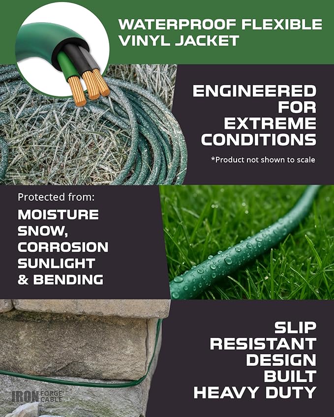 Iron Forge Cable 3ft Green Outdoor Extension Cord with 3 Outlets - 16/3 SJTW 3ft Green Extension Cord 3 Prong, 13 Amp All-Weather Heavy Duty Power Cable
