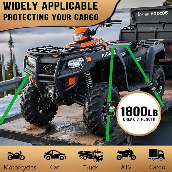 Retractable Ratchet Straps (4-Pack) - 1 in x 10 Ft (1800 LB Break Strength) Heavy Duty Self Retracting Ratchet Straps with Soft Loops & Storage Bag for Household, Motorcycle, Truck, ATV(Green)