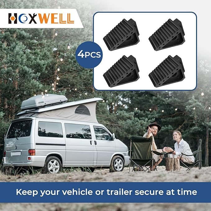 HOXWELL Solid Heavy Duty Rubber Wheel Chocks 4 Packs, Premium Wheel Stopper for Car, Travel Trailers, RV, Truck, and ATV(4 pcs, Black) 8" x 4" x 6"