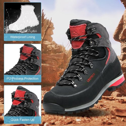 LOUTECK Men's Hiking Boots – Durable and Comfortable Men's Climbing Boots for Rugged Outdoor Adventures, Perfect for Hiking, and Climbing (Black Red, Adult, Men, 11, Numeric, US Footwear Size System, Wide)