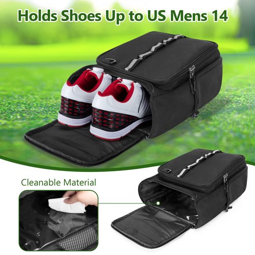 GOBUROS Golf Shoe Bag Holds A Pair of Shoes US Mens 14, Golf Shoe Carrier with Free Gloves Holders (A Pair), Front and Side Accessory Pockets for Tees, Gloves and Ball, Black