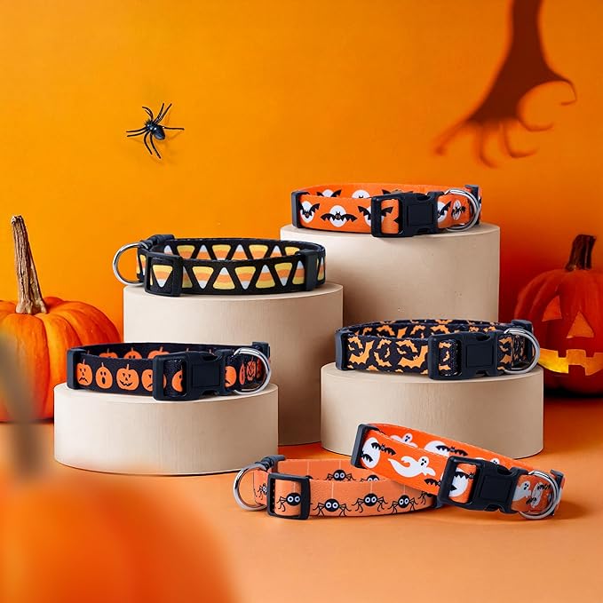 Native Pup Halloween Dog Collar- Spooky Fall Themed Horror Costume Collars- Skull, Pumpkin, Ghost, Bat, Witch, Candy Corn, Spider- Adjustable for Small, Medium, Large Breeds (Large, Ghosts)