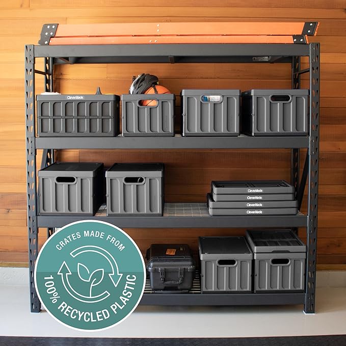 CleverMade Collapsible Storage Bins with Lids (46L, 3 Pack) – Stackable Foldable Plastic Storage Crates for Home, Closet & Trunk Organization - Obsidian