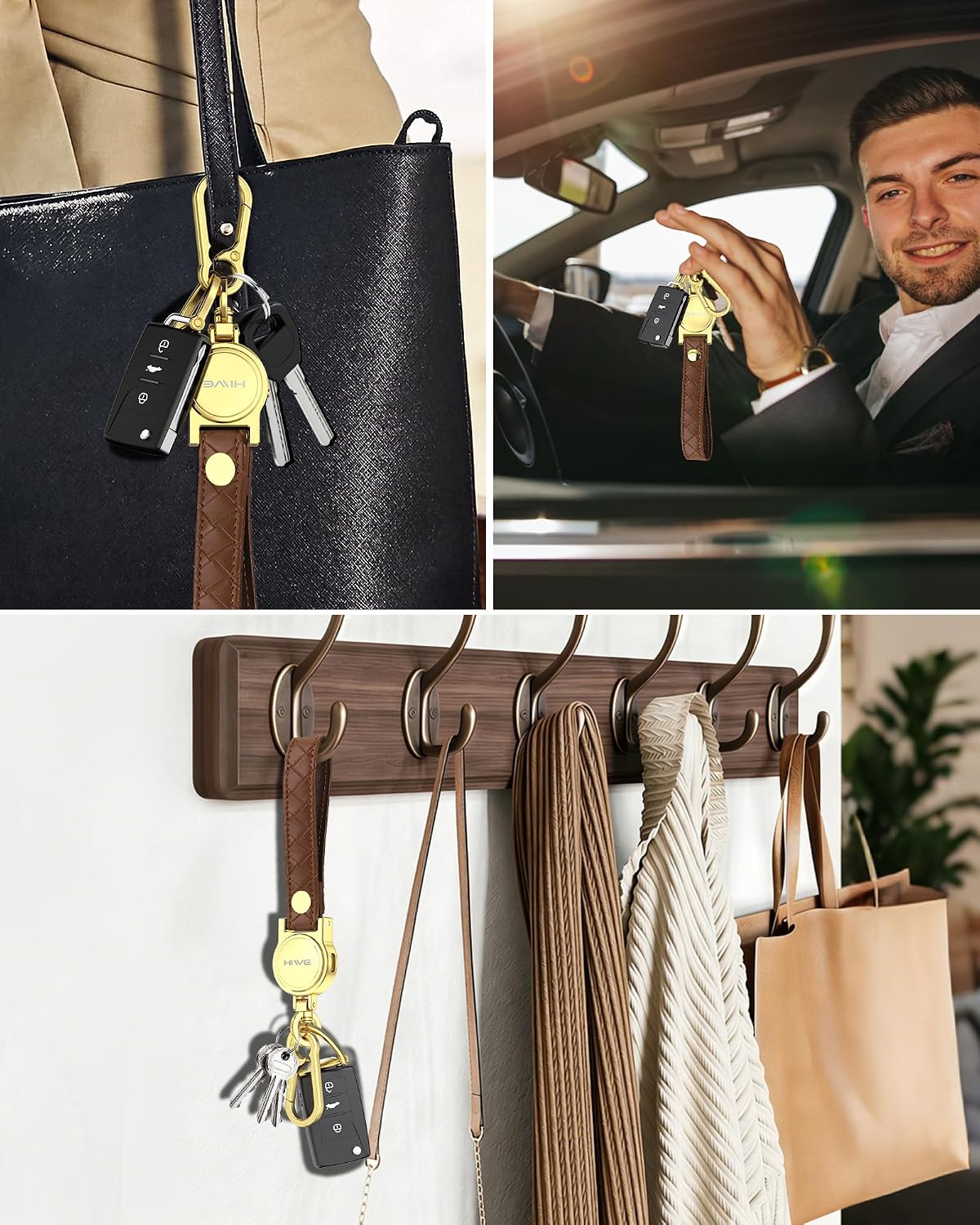 HiWe Anti-Lost Keychain, Works with Apple Find My, Carabiner Car Key Holder with Texture Leather Strap, Bluetooth Key Finder Tracker, USB-C Rechargeable, Brown