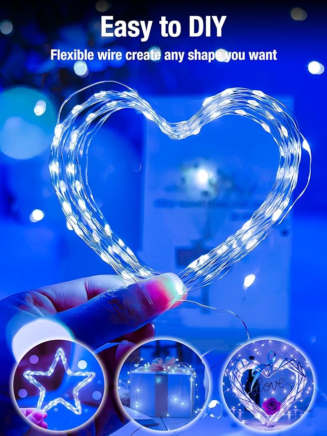 btfarm 4 Pack Fairy Lights Battery Operated with Timer, 16.4 FT 50 LED Silver Wire Twinkle String Lights 8 Modes Dimmable Waterproof for Indoor Christmas Bedroom Wedding Decorations, Blue