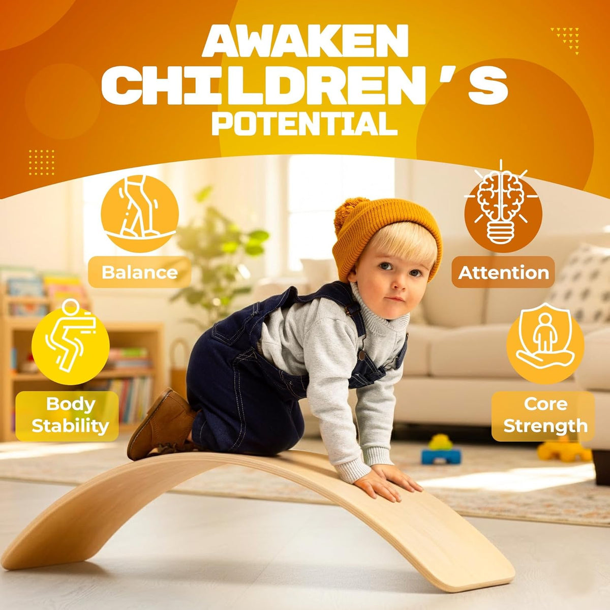 Skiennix Wooden Wobble Board - Kids' Balance Trainer for Indoor Play | Curvy Rocker Board for Yoga & Exercise
