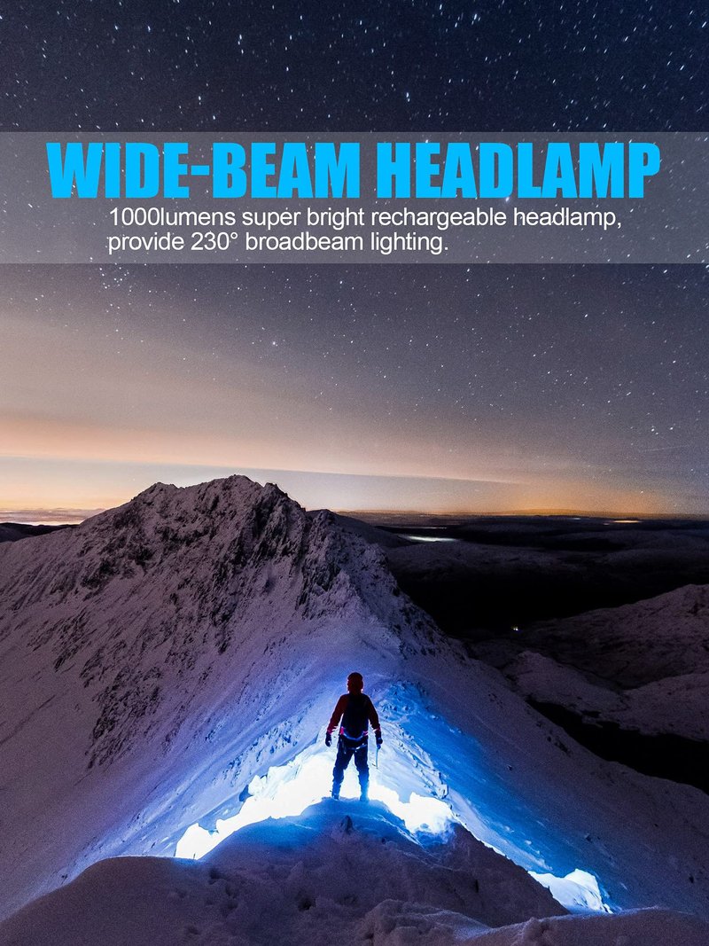 Spriak LED Headlamp Flashlight, 1000L 230° Broadbeam Headlight, USB C Rechargeable Head Lamp with Red Taillight, Lightweight Waterproof Headlamps for Camping Running Hiking, Hard Hat Headlamp 1Pack