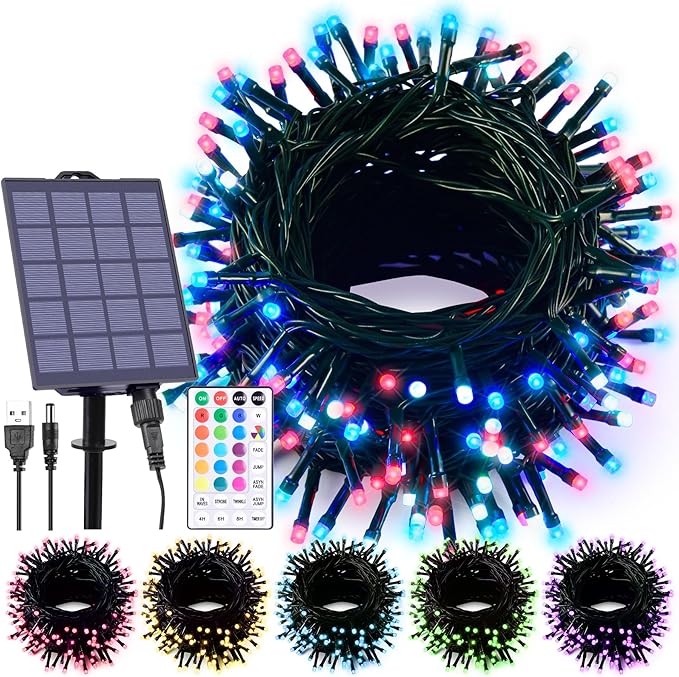 59Ft Solar String Lights Outdoor Waterproof, 18 Colors Changing 150 LED Christmas Lights Solar Powered & USB with Remote, Multicolor Fairy Lighting for Outside Tree Yard Indoor Halloween Decor