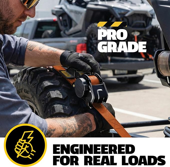 AUGO Retractable Ratchet Straps | 2 Heavy Duty Ratchet Straps Self Retractable Tie Downs with Soft Loops & Storage Bag for Motorcycle, Truck, Trailer, Cargo Van | 3000 Lb Break Strength 2” x 10’