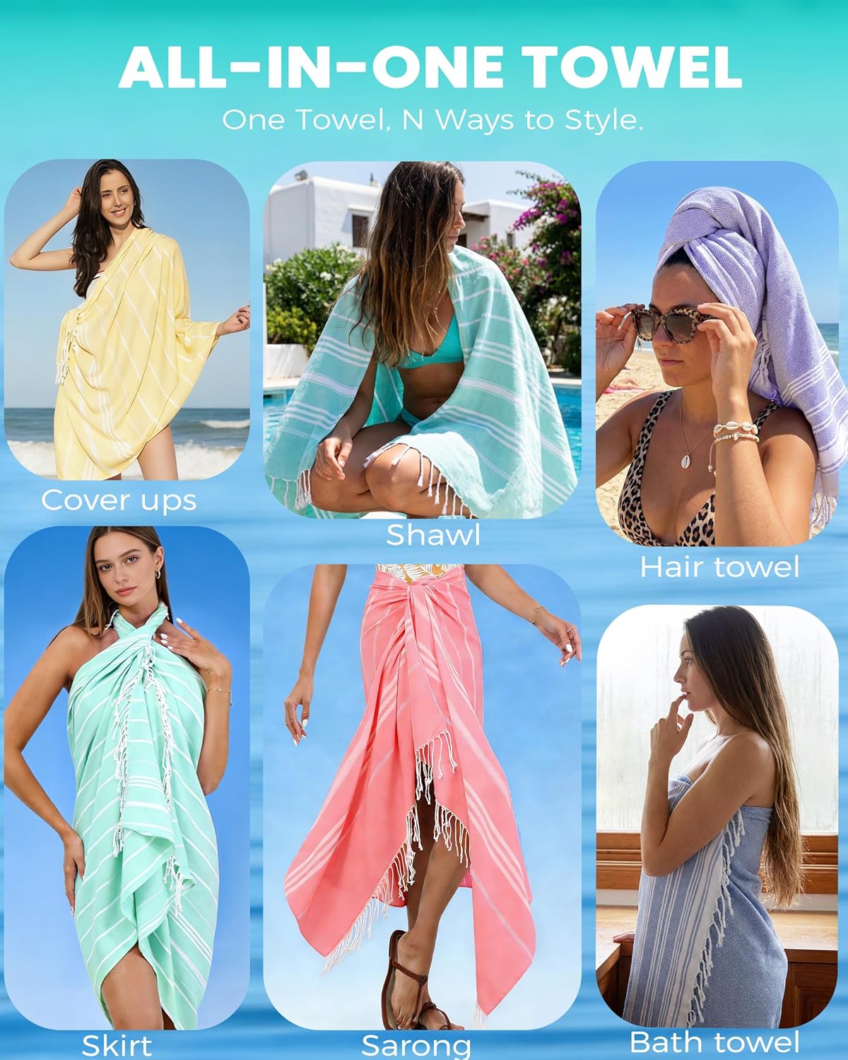 Skiennix 4 Pack Turkish Beach Towels - Quick Dry, Sand-Free, Soft & Absorbent | Lightweight Travel Essentials in Blue