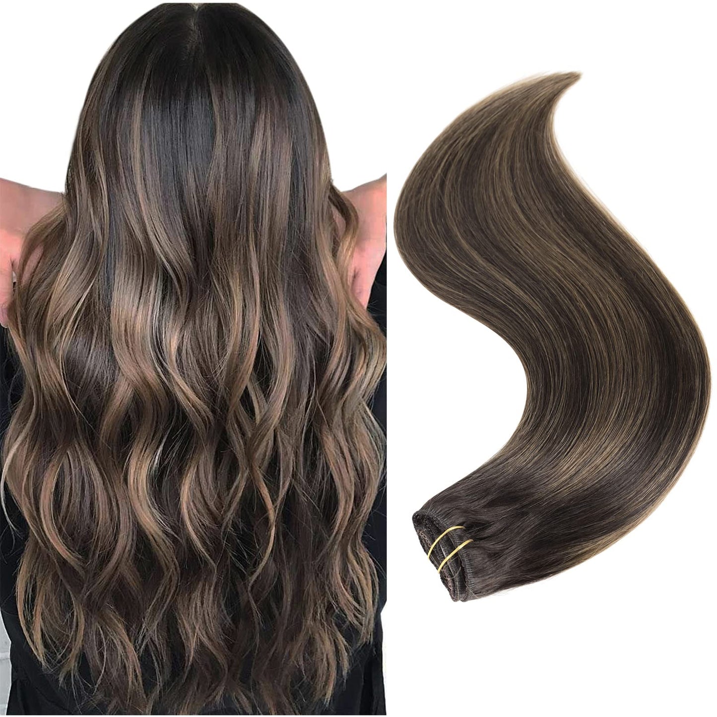 18'' Clip In Remy Human Hair Extensions Balayage Dark Brown To Maroon Brown Human Hair Extensions, Double Weft Thickness To Ends