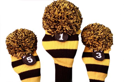 Majek Golf Club Head Covers Black and Yellow Limited Edition Throwback Long Neck Knit Retro Pom Pom Traditional Classic Vintage Old School Ultimate 460cc Driver Fairway Wood Golf Head Cover Stripe Set
