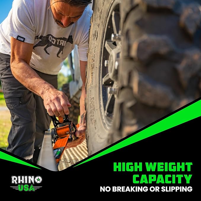 Rhino USA Retractable Ratchet Straps (2-Pack) - 2 Inch x 10 Feet (3,033lb Break Strength) - Heavy Duty Auto Self Retracting Tie Down Straps for Truck, Cargo Trailer, Motorcycle, Rad & More - Orange