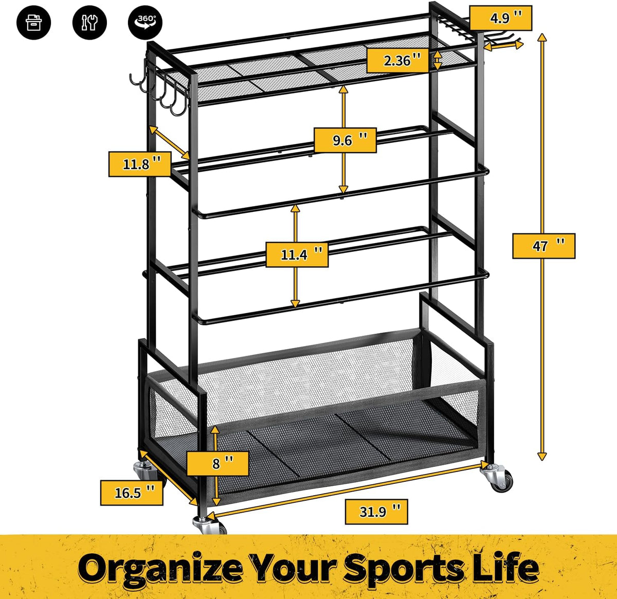 SOYEEZE Sports Equipment Organizer - 4-Tier Ball Storage Rack for Garage & Outdoor Toys | Mobile Cart with Hooks