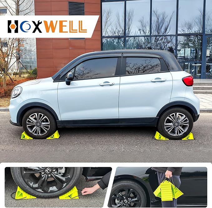 HOXWELL 2 Pair Wheel Chocks for Travel Trailers, Non Slip Heavy Duty Green Wheel Chock with Rope, Lightweight Wheel Stoppers for Cars Campers Trucks RVs, Easy to Carry & Suitable for Most Tyre Sizes