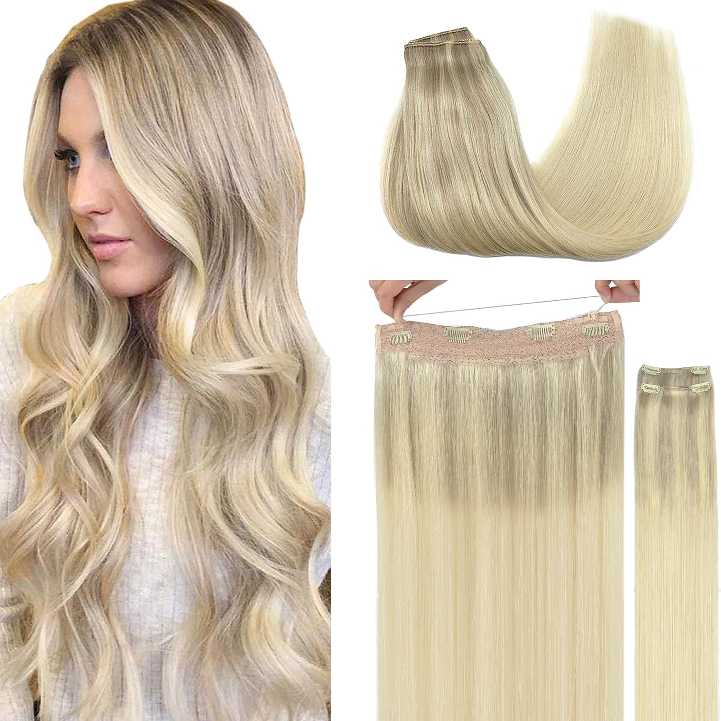 Goo Goo Wire Hair Extensions Human Hair, 17/22/60 Ash Blonde With Golden Blonde And Platinum Blonde Balayage 16Inch 125G, Invisi