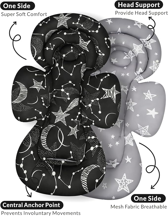Infant Car Seat Insert with Removable Cushion for Preemie to Toddler, Reversible Newborn Carseat Insert for Baby Head Body Support, Fits for Stroller, Baby Swing, Bouncer (Black Star)