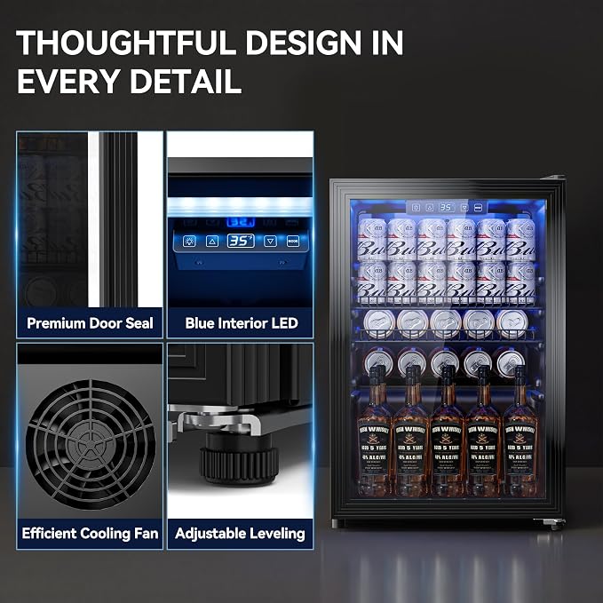 Tehanld 2.5 Cu.Ft Beverage Fridge, Glass Door Mini Fridge, Black, 96 Can | Adjustable Shelves for Wine & Beer, Digital Temp, Holds Up to 96 Cans, Freestanding for Home & Office