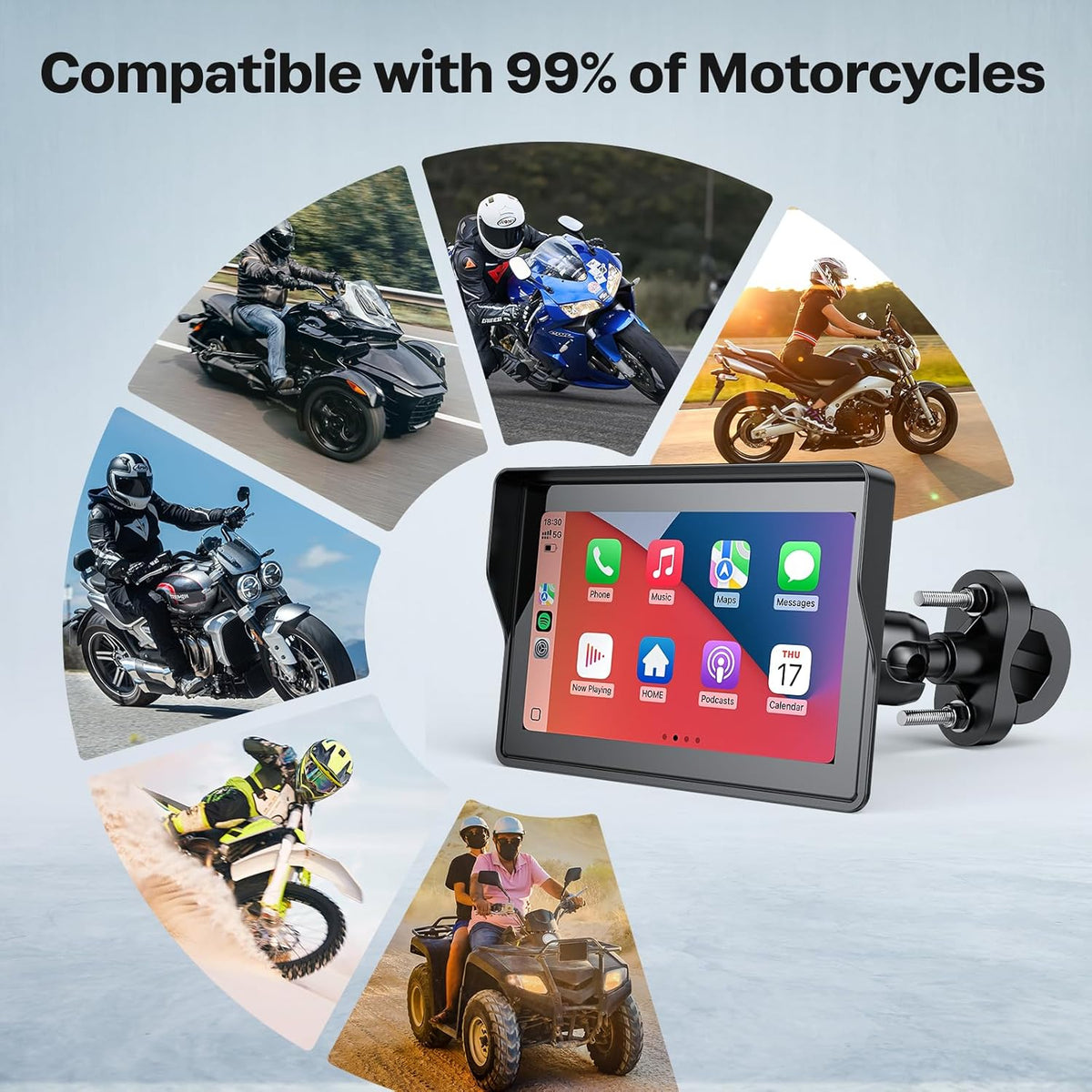 WonVon 5 Inch Motorcycle Carplay GPS Navigation System with Apple Carplay and Android Auto Portable Screen with Dual Bluetooth, Navigation, Siri, Google Assistant(Not Inchluded TPMS)