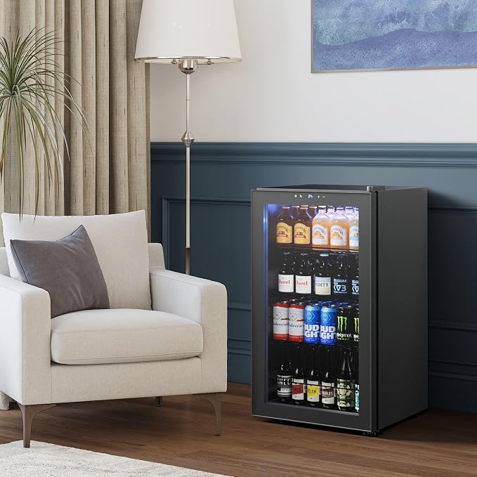 Yeego Beverage Refrigerator, 130 Can Mini Fridge with Glass Door, Adjustable Shelves, Digital Temperature Control 34°F-54°F, Drink Cooler for Soda, Beer and Wine, Freestanding or Under Counter, Black