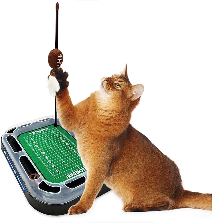 Pets First Cat Ball Track Toy Los Angeles RAMS Football Field CAT Scratcher Toy with Catnip Filled Plush Football Toy&Feather Cat Toy Hanging, Jingle Bell Interactive Ball Cat Chasing 5-in-1 Kitty Toy