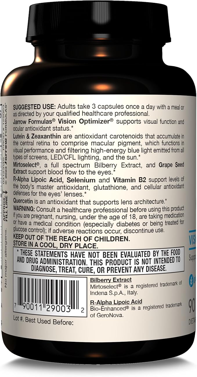 Jarrow Formulas® Vision Optimizer, Dietary Supplement, Vision Complex, Supports Visual Function, 90 Capsules, Up to a 30 Day Supply