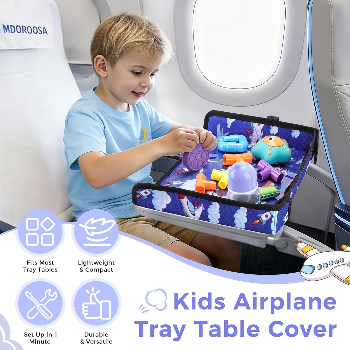 COOLBEBE Airplane Tray Table Cover, Foldable Travel Tray Cover for Toddlers 1-3, Universal Fit for Airplane, Car Seat, High Chair, Machine Washable, Portable, Blue Plane