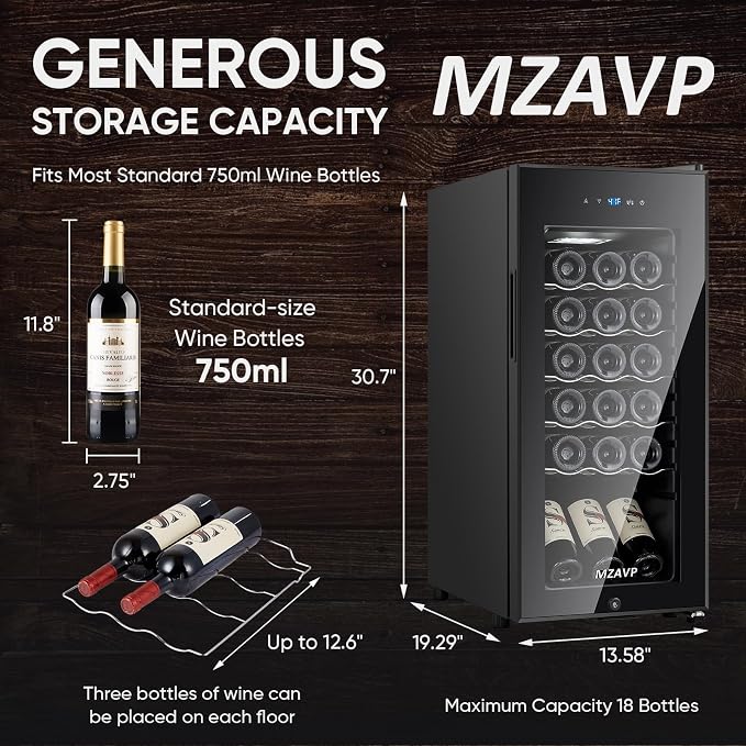 Mini Wine Fridge-Black, 18 Bottles Low Noise Compressor Wine Cooler, Freestanding Wine Cellar with Glass Door and Digital Temperature Control, 14 Inch Wine Refrigerator for Bar, Home & Office