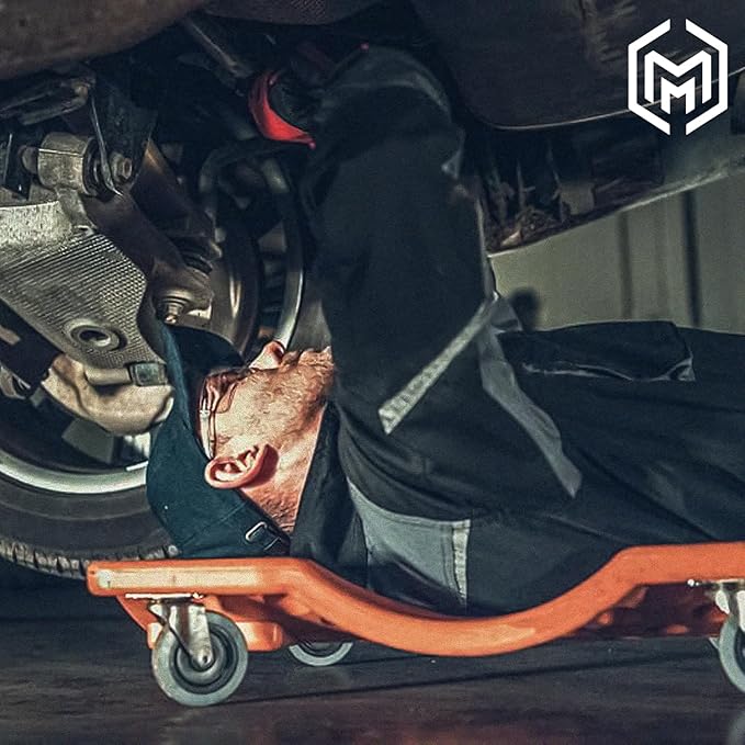 M-AUTO 36" Mechanic Rolling Garage Creeper with Padded Headrest Light Weight Automotive Creeper Mechanic Cart with Dual Tool Trays and Noiseless Casters, Orange
