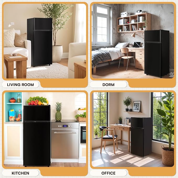 4.5 Cu.Ft Mini Fridge Freezer for Dorm/Office, 2-Door, Quiet | 4.5 cu ft mini fridge with separate freezer, quiet 38dB for sleep, 7-level thermostat, adj shelves, for dorm/office/kitchen.