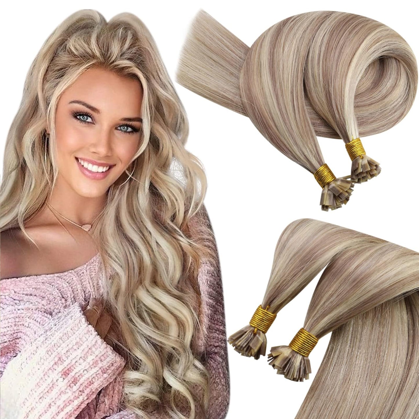 Sunny Hair Flat Tip Hair Extensions Ash Blonde 22In Flat Tip Real Hair Extensions Ash Blonde Mix Bleach Blonde Highlight Hot Fus