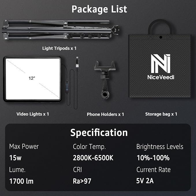 NiceVeedi 1-Pack Photography Lighting Kit, 2800-6500K Bi-Color LED Video Light